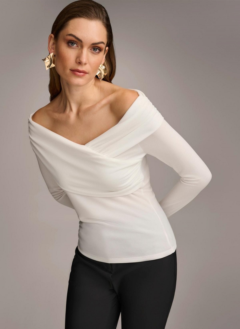 Cream Donna Karan Off Shoulder Wrap Sweaters and Tops | SG_DK59616