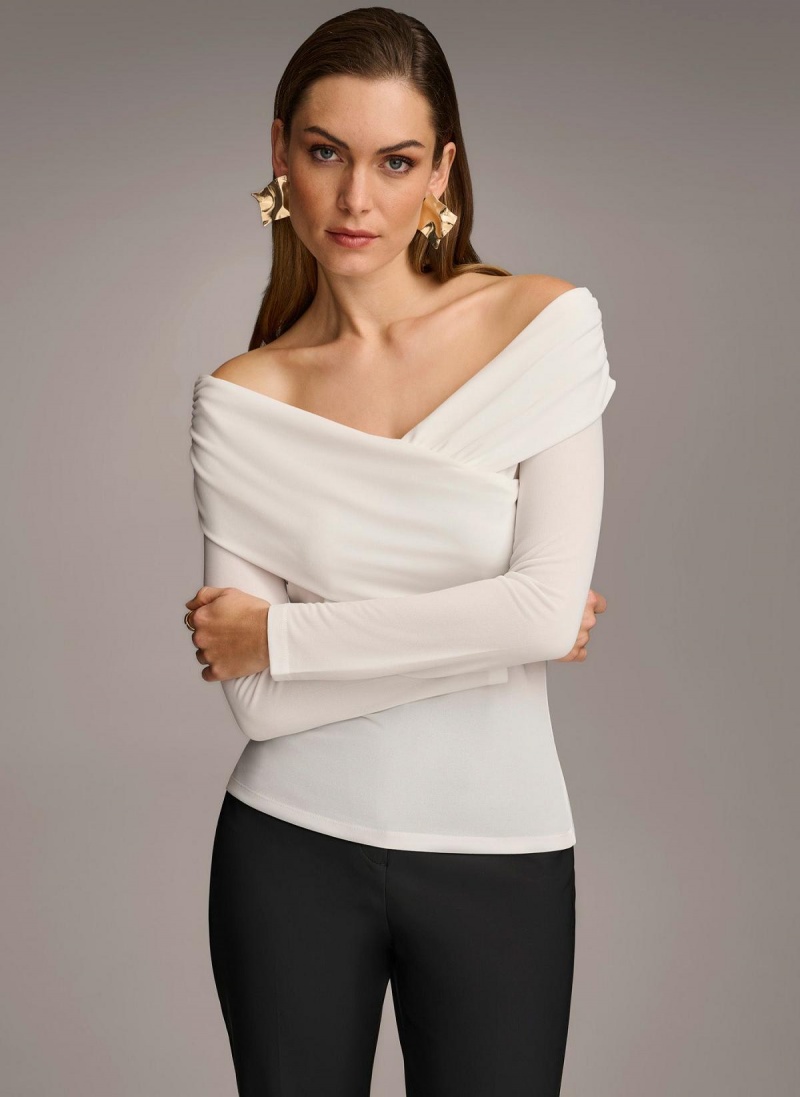 Cream Donna Karan Off Shoulder Wrap Sweaters and Tops | SG_DK59616