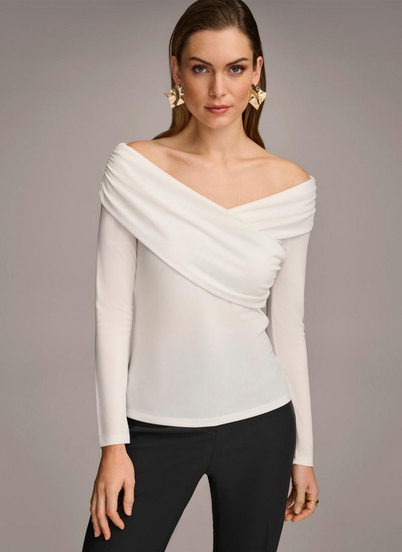 Cream Donna Karan Off Shoulder Wrap Sweaters and Tops | SG_DK59616