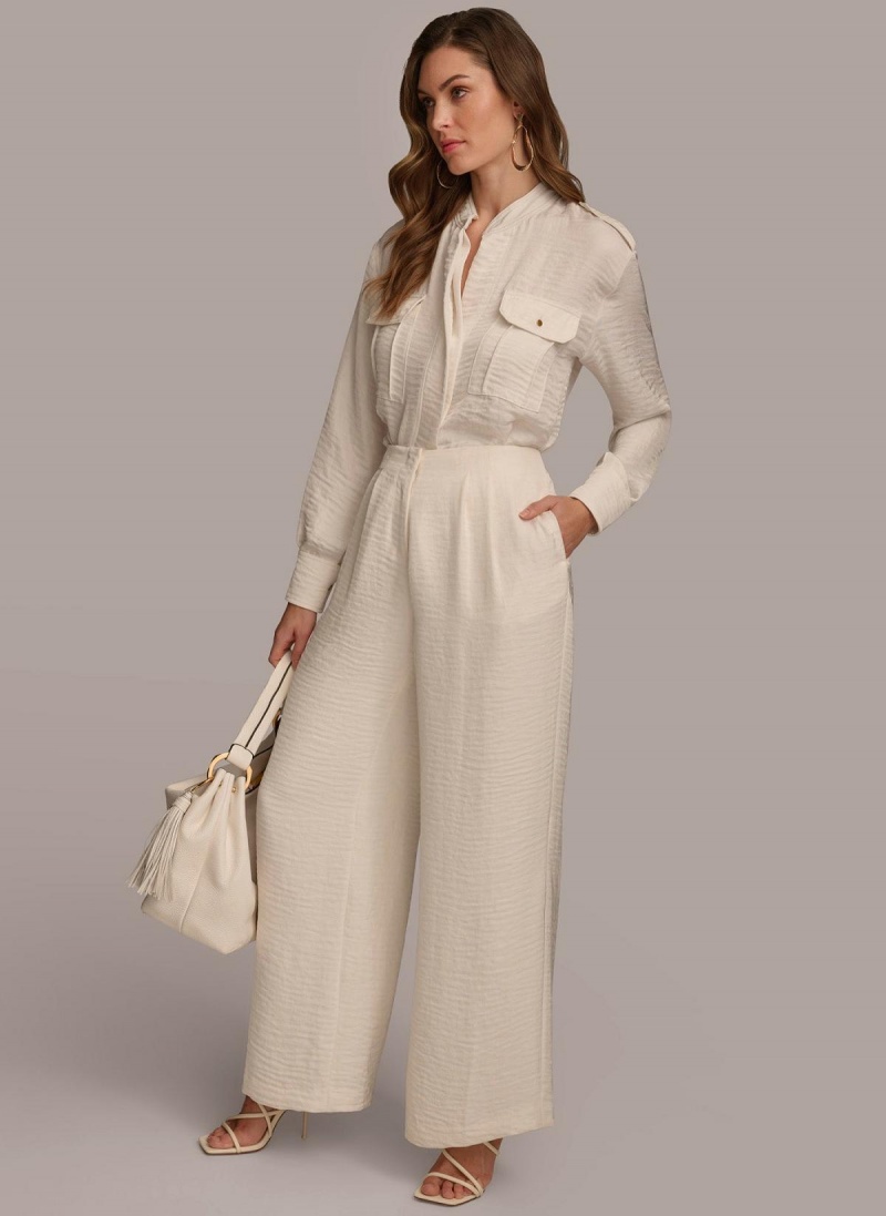 Cream Donna Karan Pleated Wide Leg Pants | SG_DK35896