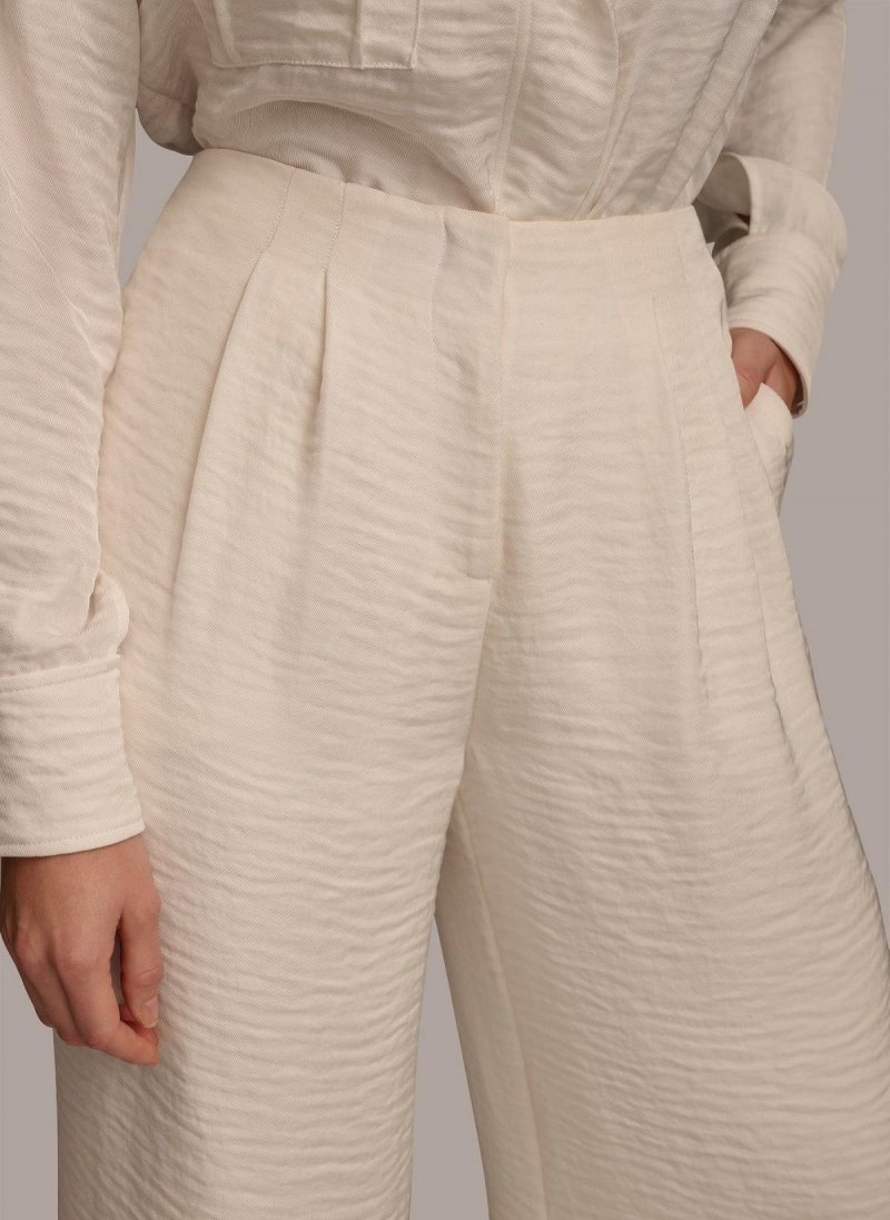 Cream Donna Karan Pleated Wide Leg Pants | SG_DK35896