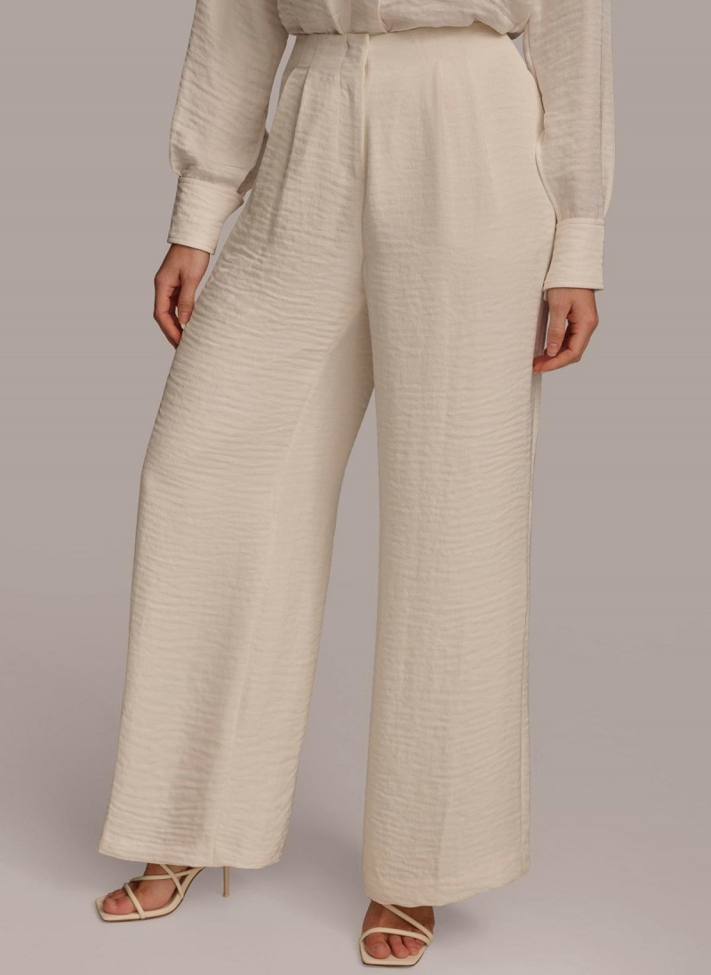 Cream Donna Karan Pleated Wide Leg Pants | SG_DK35896