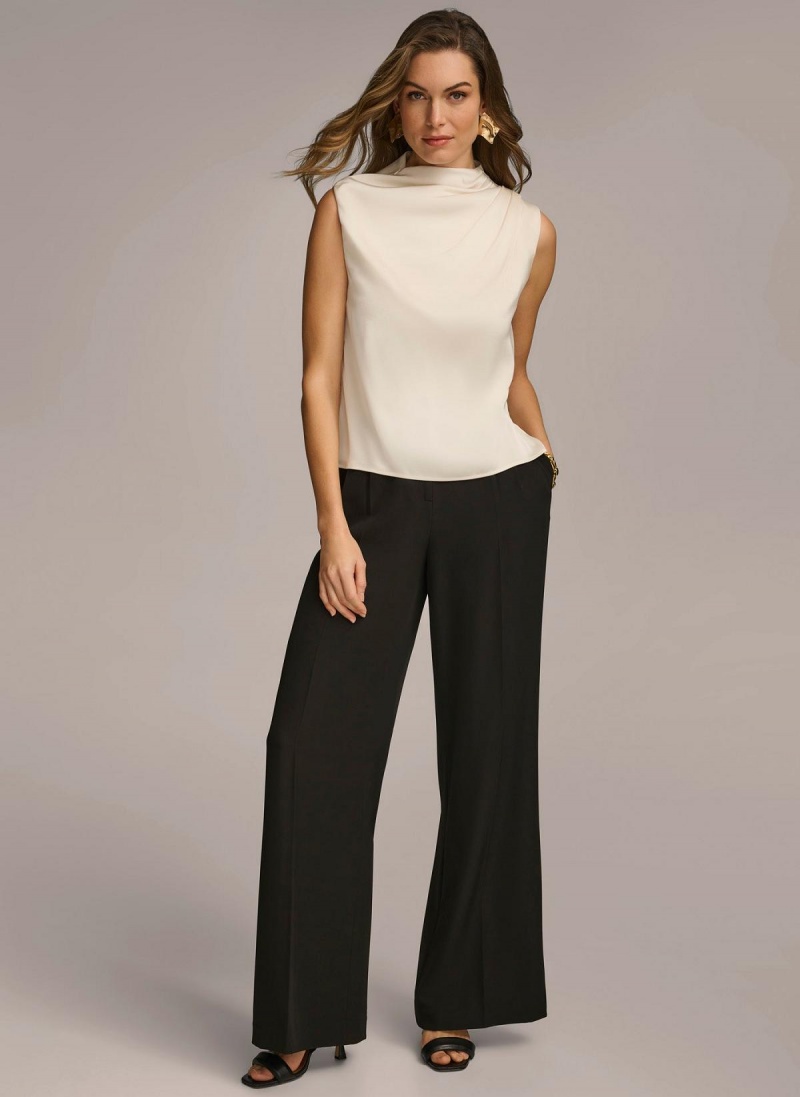 Cream Donna Karan Sleeveless Draped Mockneck Sweaters and Tops | SG_DK93466