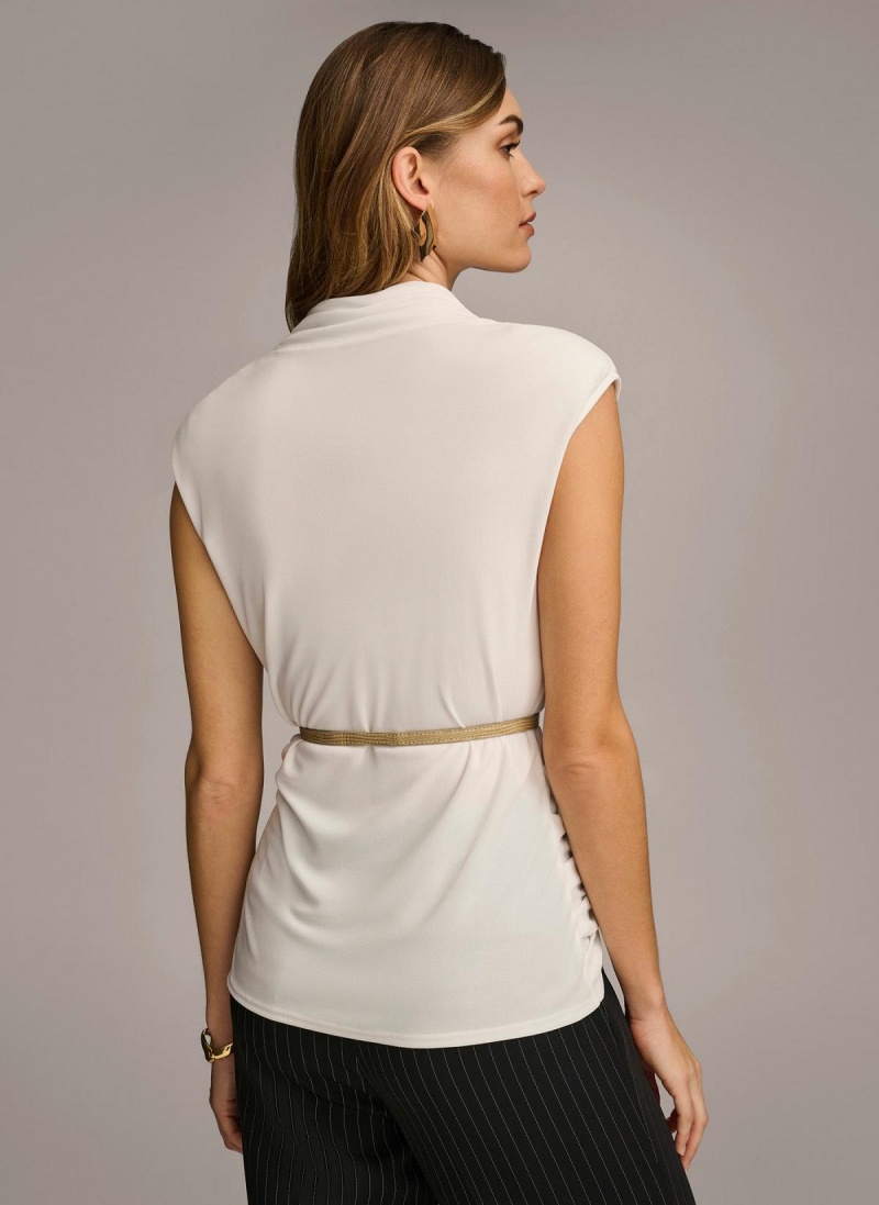 Cream Donna Karan Sleeveless Mock Neck Knit Sweaters and Tops | SG_DK97233