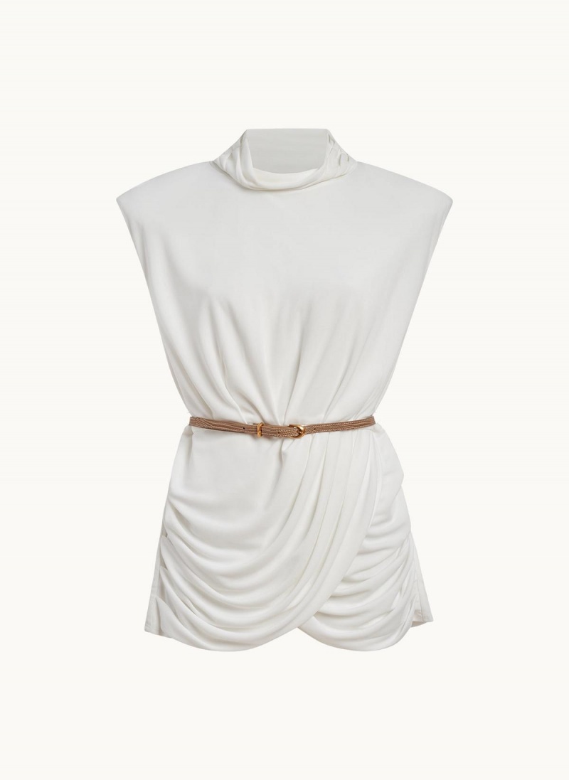 Cream Donna Karan Sleeveless Mock Neck Knit Sweaters and Tops | SG_DK97233