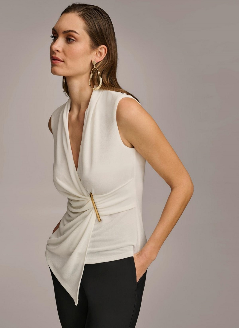 Cream Donna Karan V-neck With Hardware And Ruched Detail Sweaters and Tops | SG_DK13546