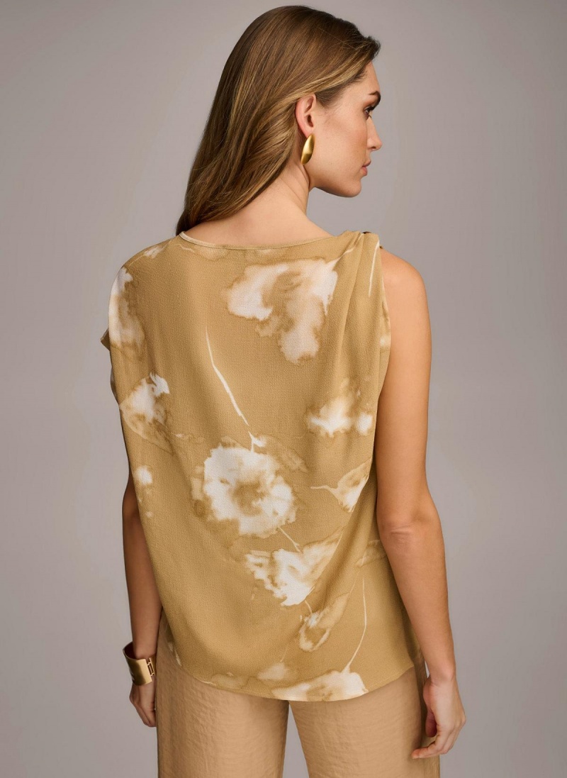 Gold Cream Donna Karan Printed Gathered Hardware Shoulder Sweaters and Tops | SG_DK63877