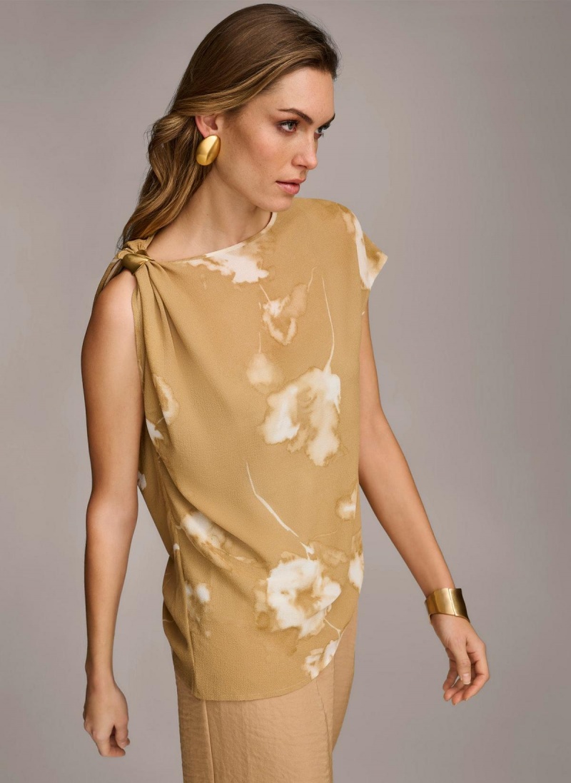 Gold Cream Donna Karan Printed Gathered Hardware Shoulder Sweaters and Tops | SG_DK63877