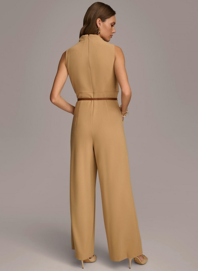 Gold Donna Karan Cowl Neck Belted With Pockets Jumpsuit | SG_DK77846