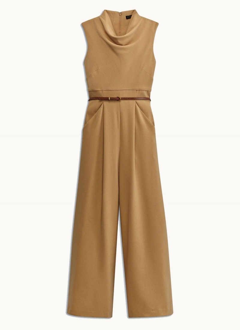 Gold Donna Karan Cowl Neck Belted With Pockets Jumpsuit | SG_DK77846