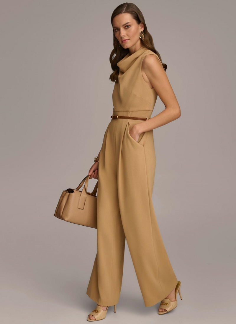 Gold Donna Karan Cowl Neck Belted With Pockets Jumpsuit | SG_DK77846