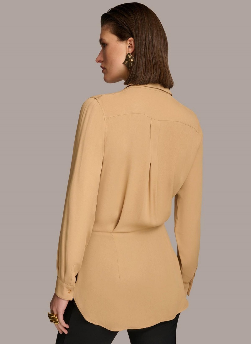 Gold Donna Karan Long Sleeve High-low With Tie At Waist Sweaters and Tops | SG_DK12208