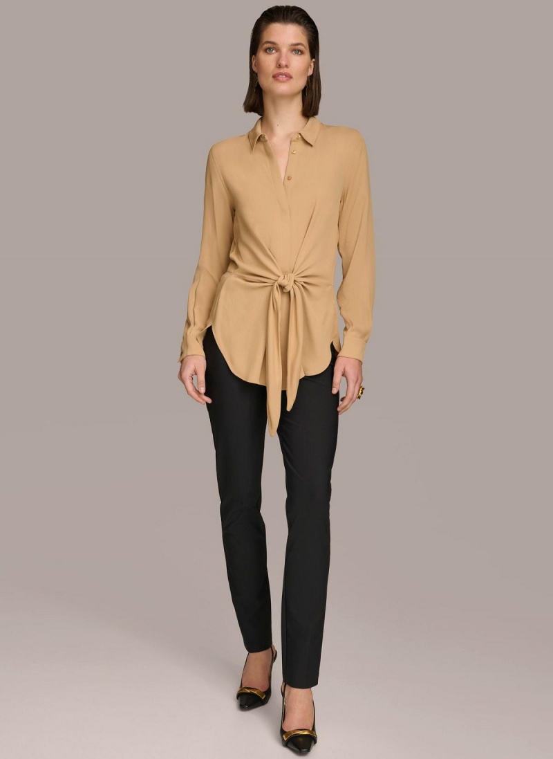 Gold Donna Karan Long Sleeve High-low With Tie At Waist Sweaters and Tops | SG_DK12208