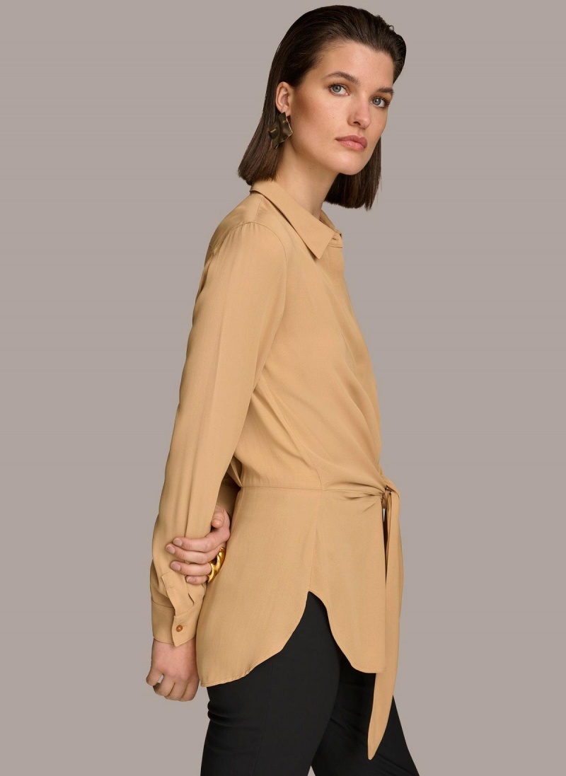 Gold Donna Karan Long Sleeve High-low With Tie At Waist Sweaters and Tops | SG_DK12208