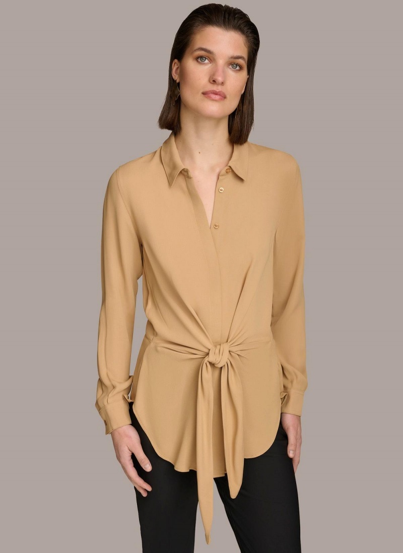 Gold Donna Karan Long Sleeve High-low With Tie At Waist Sweaters and Tops | SG_DK12208