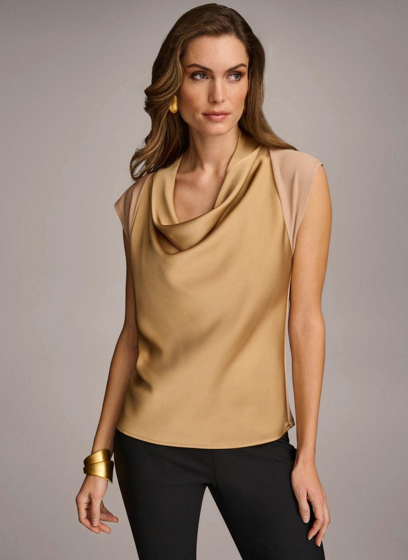 Gold Donna Karan Sleeveless Cowl Neck Sweaters and Tops | SG_DK59853