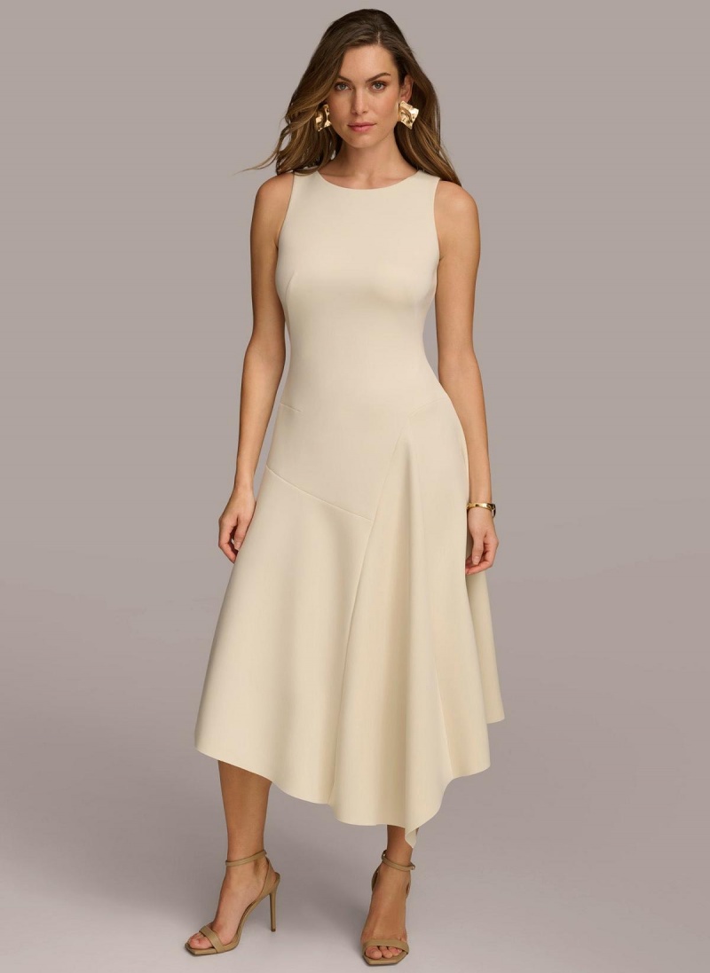 White Donna Karan Asymmetrical Midi Dress | SG_DK70952