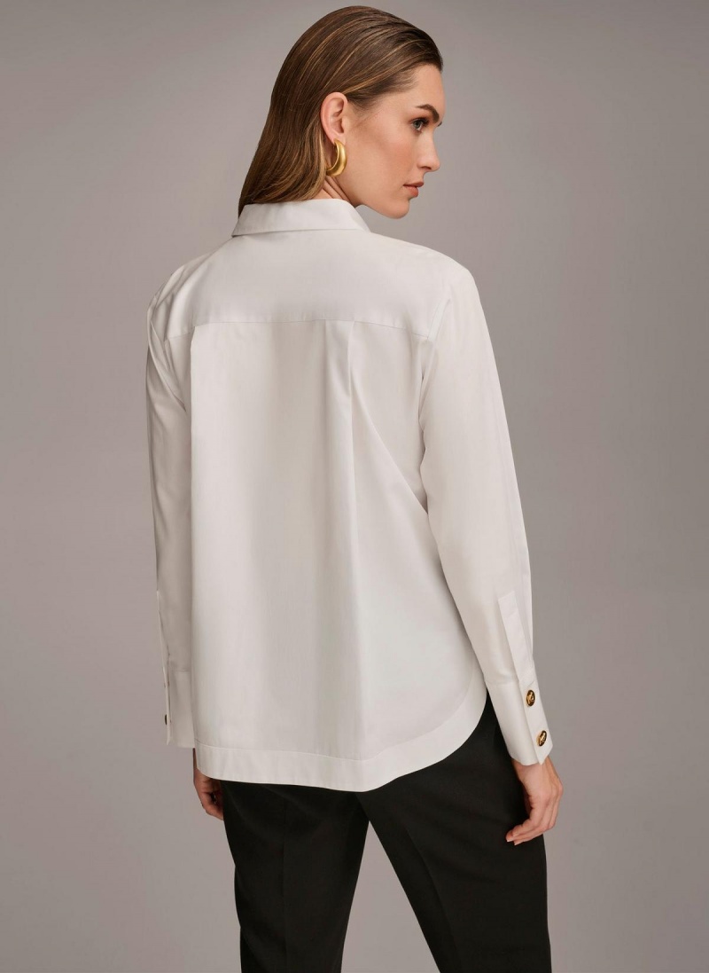 White Donna Karan Cotton Collared Button Down Sweaters and Tops | SG_DK45606