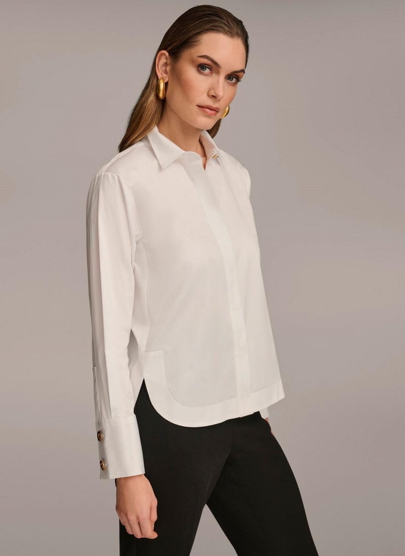 White Donna Karan Cotton Collared Button Down Sweaters and Tops | SG_DK45606