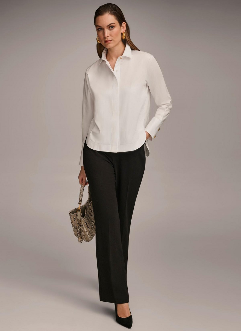 White Donna Karan Cotton Collared Button Down Sweaters and Tops | SG_DK45606