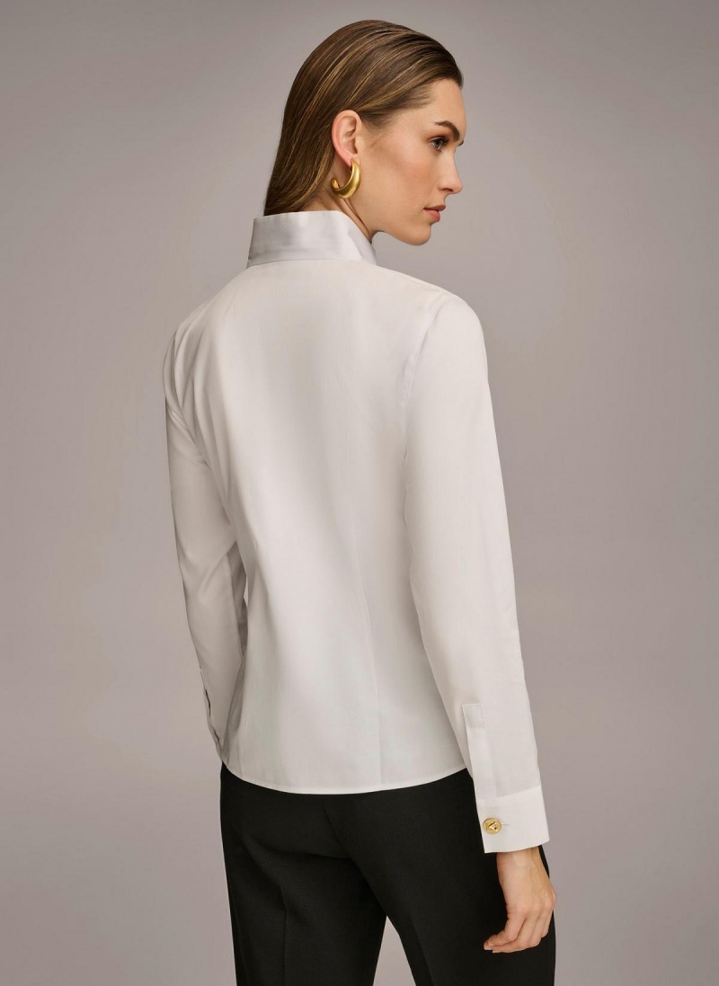 White Donna Karan Cotton Notch Collar Button Down Sweaters and Tops | SG_DK61957