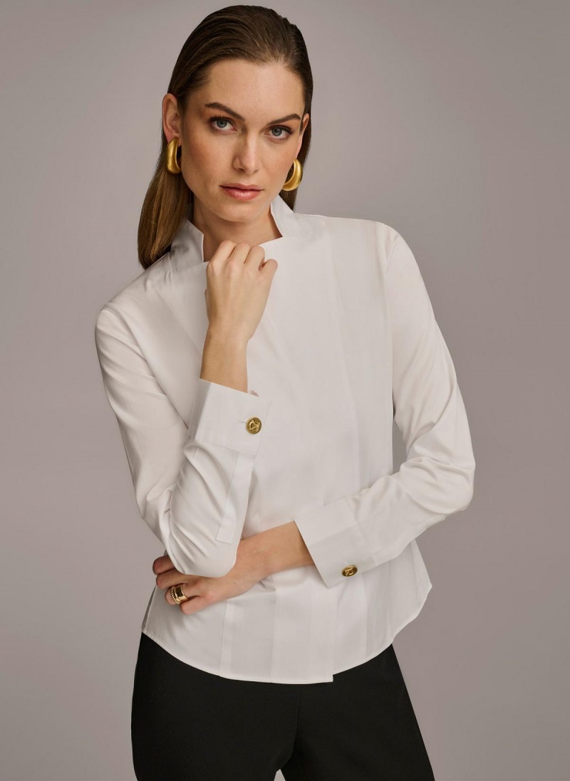 White Donna Karan Cotton Notch Collar Button Down Sweaters and Tops | SG_DK61957