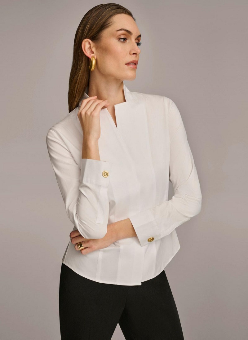 White Donna Karan Cotton Notch Collar Button Down Sweaters and Tops | SG_DK61957