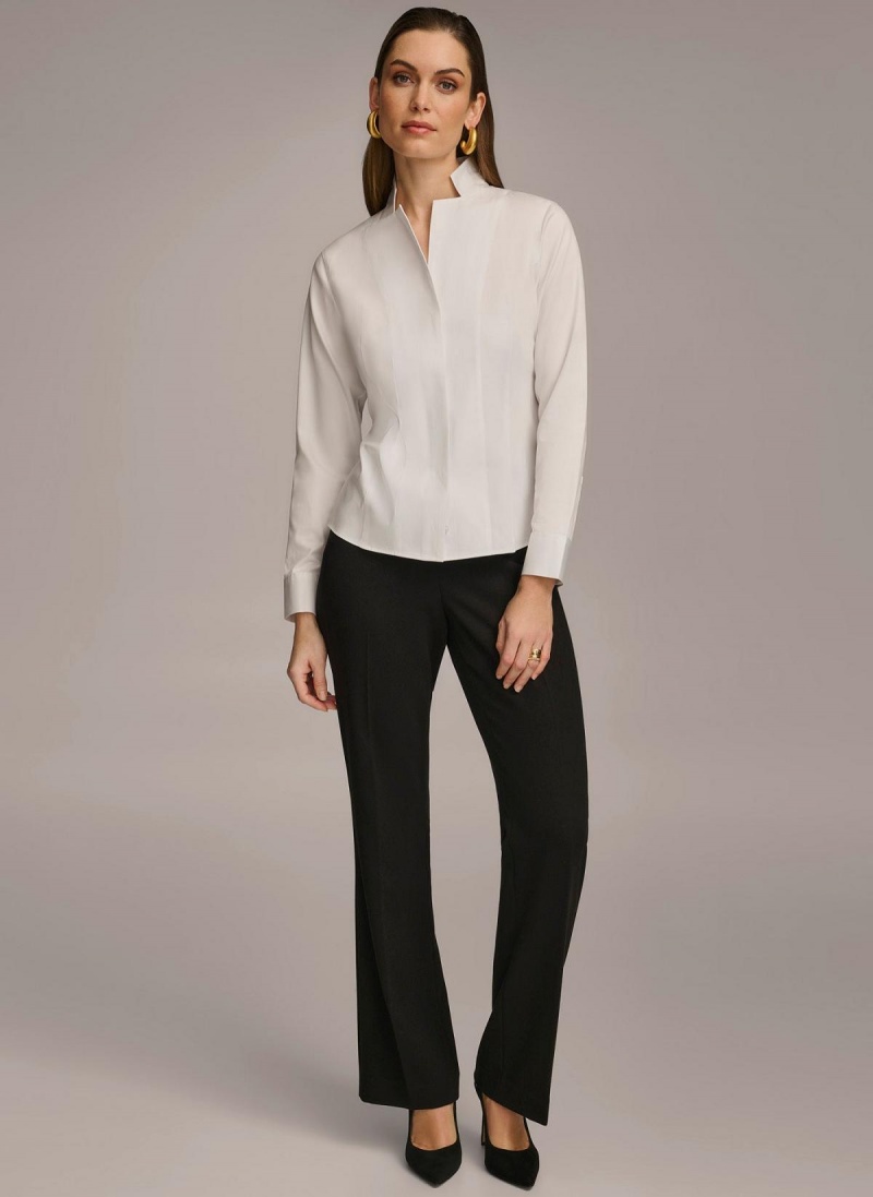 White Donna Karan Cotton Notch Collar Button Down Sweaters and Tops | SG_DK61957