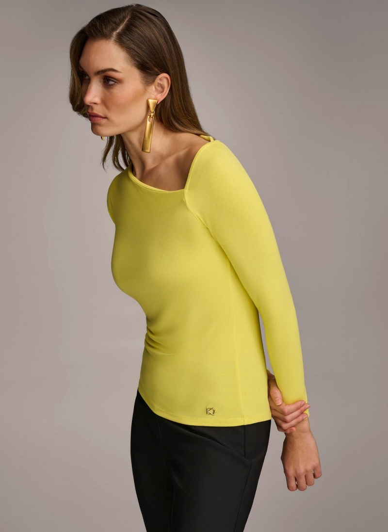 Yellow Donna Karan Asymmetrical Neckline Fitted Sweaters and Tops | SG_DK42060