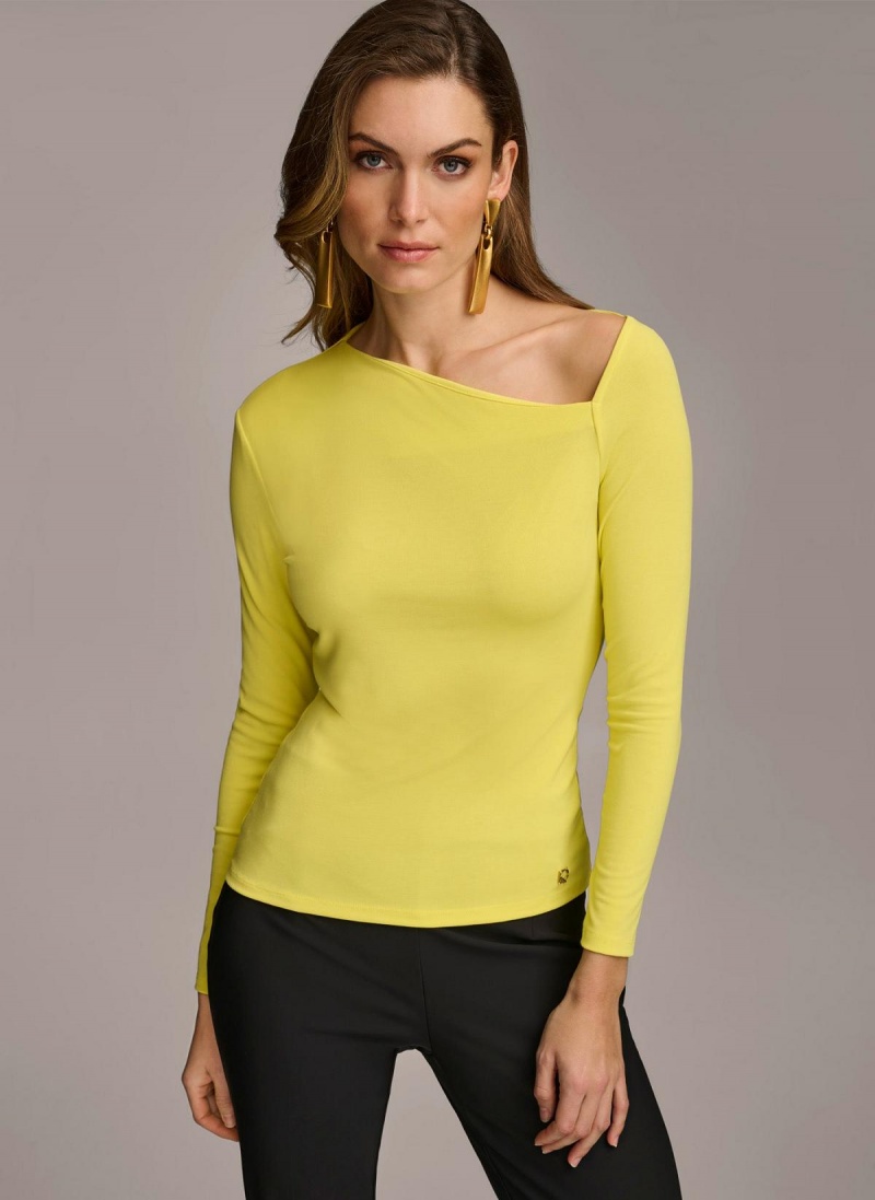 Yellow Donna Karan Asymmetrical Neckline Fitted Sweaters and Tops | SG_DK42060